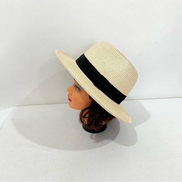 Sunhat Fedora Style Hat With Black Band Packable Tan Cream - Picture 4 of 9
